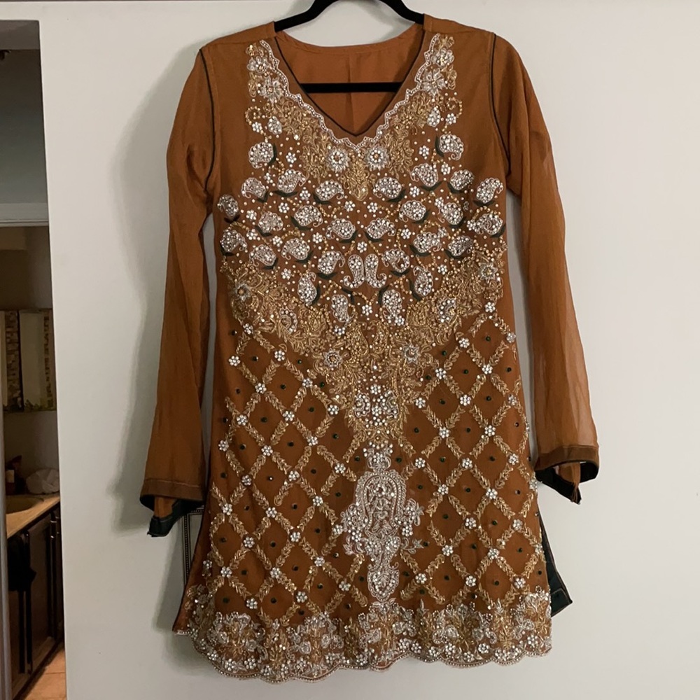 Brown embellished shalwar kameez gharara